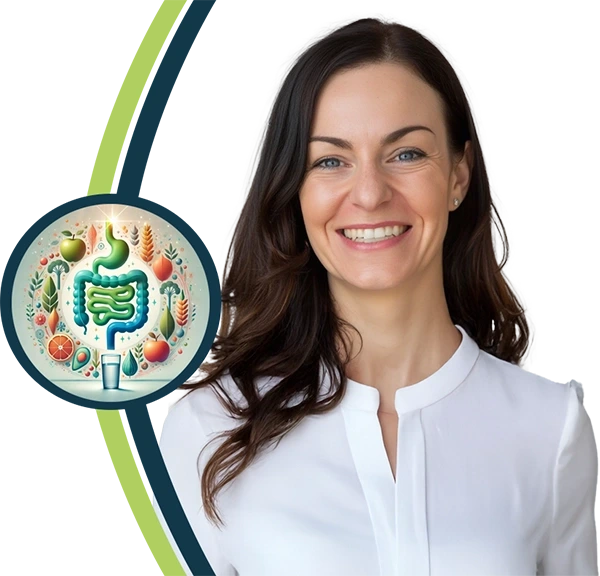 Sabina Empl - Gründerin DarmGesund Akademie lächelt in die Kamera im weissen Hemd. Daneber eine Illustration über Darmgesundheit