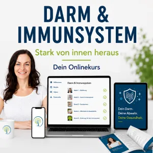 Onlinekurs „Darm & Immunsystem“ mit Kursleiterin sowie Laptop, Smartphone und Tablet zur Veranschaulichung der digitalen Kursinhalte für Darmgesundheit und Immunsystem.
